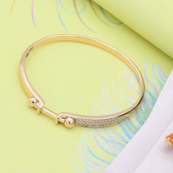 Rose Gold Bangle with Ball-End Design and Crystal Pavé Accent, XPBL0566 - Picture 3 of 12